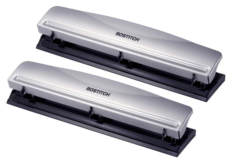 Bostitch Office Premium 3 Hole Punch, 12 Sheet Capacity, Metal, Rubber Base, Easy-Clean Tray, Silver, 2-Pack - Image 1
